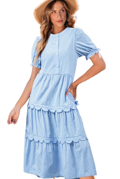 Elegant Sky Blue Stripe Bubble Short Sleeve Tiered Scallop Long Dress