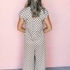 Chic Women's Khaki Checkered Print Buttoned Crew Neck Wide Leg Jumpsuit - Image 11