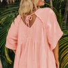 Chic Apricot Pink Plus Size Textured Wide Short Sleeve Babydoll Blouse - Image 2