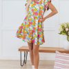 Women's Sky Blue Floral Print Smocked Notch V Neck Flutter Sleeve Mini Dress - Image 3