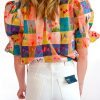 Women's Multicolour Floral Checker Print Ruffled Short Puff Sleeve Blouse - Image 2