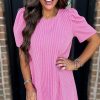 Women's Bright Pink Corded Knit Crew Neck Puff Sleeve Shift Mini Dress - Image 4