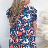Plus Size Blue Abstract Print Shirred Ruffled Short Sleeve Mini Dress - Image 2