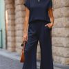 Women's Navy Blue Solid Color Textured Short Sleeve Top and Casual Pants Set - Image 6