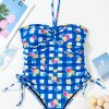 Women's Blue Gingham Halter Ruched Bodice One Piece Swimsuit with Drawstring Ties - Image 11