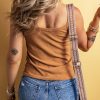 Women's Straw Yellow Ribbed Front Knot Buttoned Thin Strap Tank Top - Image 2