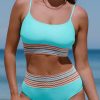 Women's Turquoise Striped Patchwork High Waist Bikini Swimsuit with Spaghetti Straps - Image 15