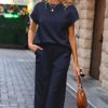 Women's Navy Blue Solid Color Textured Short Sleeve Top and Casual Pants Set - Image 3