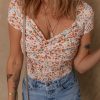 Women's Orange Short Sleeve Floral Ruched Sweetheart Bodysuit - Casual Summer Top - Image 8