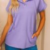 Women's Purple Short Sleeve Buttoned Neck Hoodie with Kangaroo Pocket - Image 5