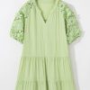 Plus Size Laurel Green Floral Crochet Short Sleeve Notch V Neck Tiered Mini Dress - Image 7