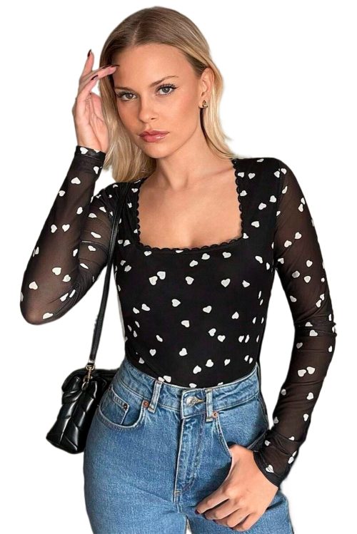 Women's Elegant Black Heart Shape Mesh Patchwork Square Neck Bodysuit