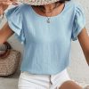 Women's Mist Blue Solid Color Ruffled Short Sleeve Casual Blouse - Elegant Round Neck Top - Image 3