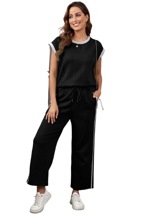 Women's Black Cable Knit Contrast Trim Short Sleeve Top and Wide Leg Pants Set