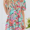 Women's Green Abstract Print Lace-up High Waist Buttoned Mini Dress - Image 13