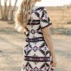 Women's Beige Western Aztec Printed Long T-Shirt Dress with V Neck and Side Slits - Image 2