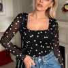 Women's Elegant Black Heart Shape Mesh Patchwork Square Neck Bodysuit - Image 3