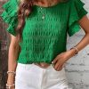 Women's Dark Green Textured Ruffled Sleeve Round Neck Top - Elegant and Playful Design - Image 5