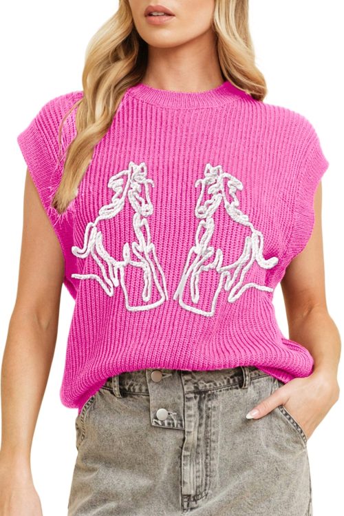 Women's Bright Pink Western Horse Embroidered Round Neck Sweater Tee