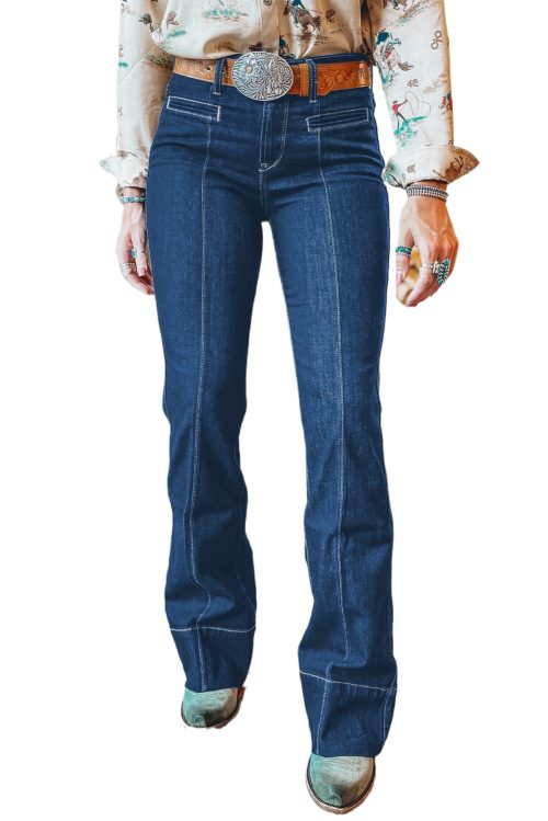 Women's Sail Blue Center Seam Straight Jeans - Slimming Deep Wash Denim