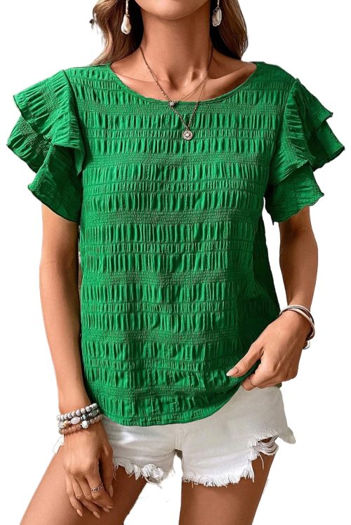 Women's Dark Green Textured Ruffled Sleeve Round Neck Top - Elegant and Playful Design