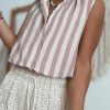 Women's Khaki Stripe Casual Button Down Sleeveless Shirt - Perfect for Summer - Image 2