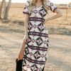 Women's Beige Western Aztec Printed Long T-Shirt Dress with V Neck and Side Slits - Image 5