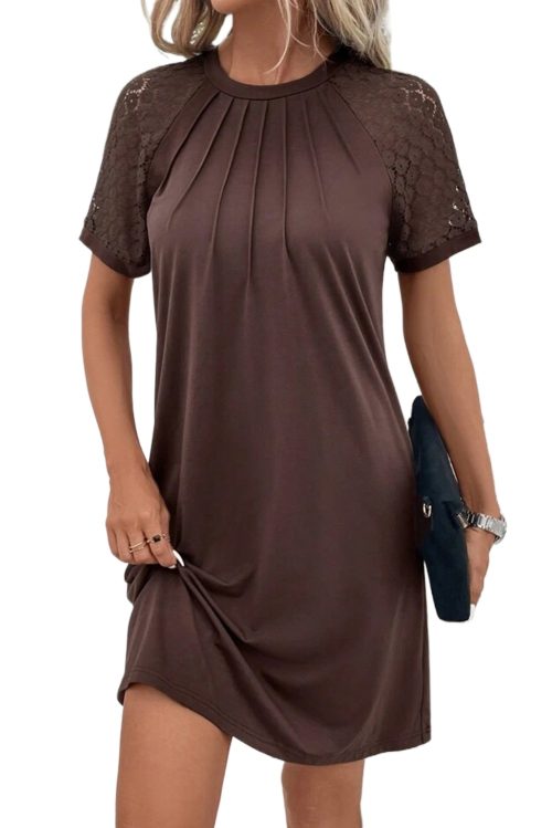 Chic Women's Dark Brown Contrast Lace Raglan Sleeve Pleated Shift Dress