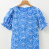 Women's Sky Blue Eyelet Flower Embroidery Frilled Short Puff Sleeve Blouse - Image 5