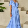 Elegant Sky Blue Textured V Neck Flutter Sleeve Ruffled Maxi Dress for Women - Image 6