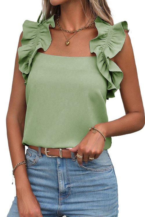 Women's Smoke Green Solid Ruffle Trim Sleeveless Top