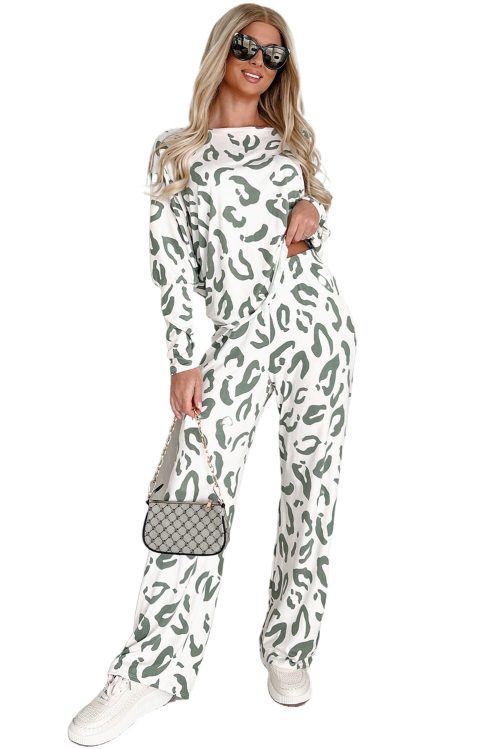 Women's Beige Leopard Print Long Sleeve and Pants Loungewear Set