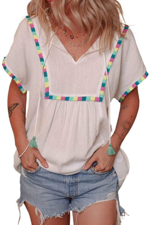 Women's White Colorful Fringed Tassel Tie Neck Short Sleeve Blouse