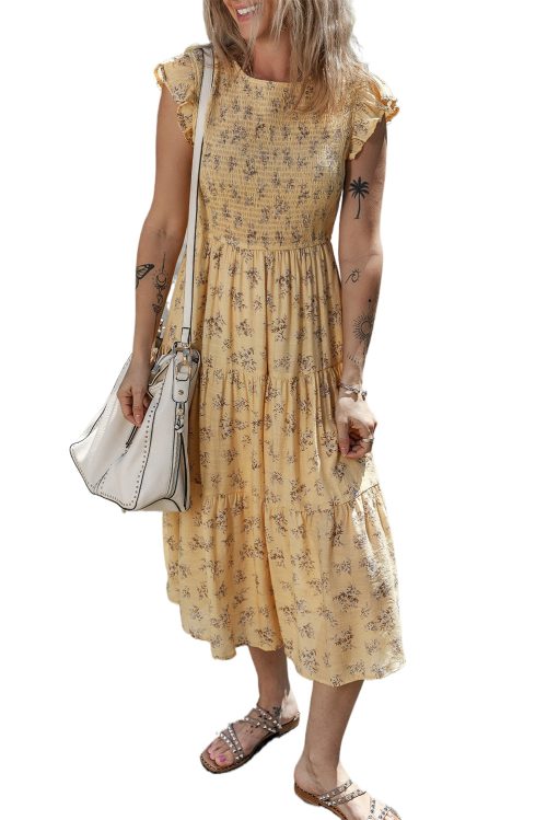 Women's Yellow Boho Floral Print Ruffle Smocked Summer Dress - Flattering High Waist Design