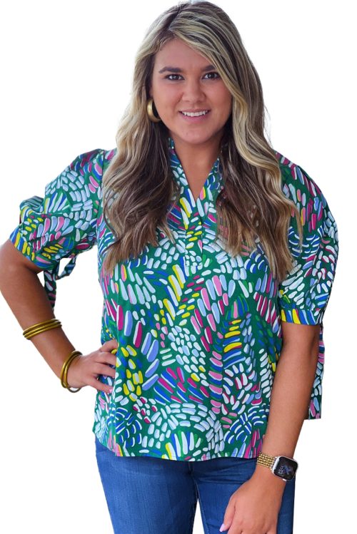 Trendy Plus Size Green Abstract Print Knotted Short Sleeve Blouse