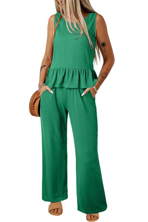 Women's Green Solid Color Ribbed Ruffle Tank Top and Wide Leg Pants Set