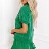 Chic Women's Sea Green Half Zip Puff Sleeve Top and Ruffled Shorts Set - Image 3