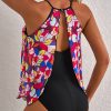 Women's Purple Floral Print O Neck Open Back One Piece Swimsuit with Mesh Overlay - Image 2