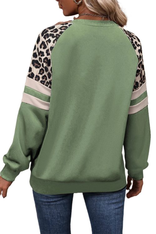 Women's Grass Green Leopard Print Colorblock Raglan Sleeve Sweatshirt