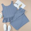 Women's Beau Blue Solid Color Ribbed Ruffle Tank Top and Pants Set - Image 9