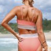 Women's Peach Blossom Striped Patchwork High Waist Bikini Swimsuit - Spaghetti Strap Design - Image 7