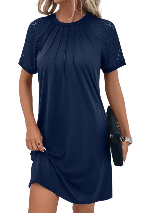 Chic Navy Blue Contrast Lace Raglan Sleeve Pleated Detail Shift Dress