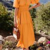 Elegant Grapefruit Orange Puff Sleeve Pleated High Waist Long Dress for Women - Image 7