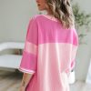 Trendy Women's Pink Stripe Color Block Patchwork Half Sleeve T-Shirt - Image 2