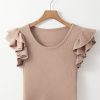 Women's Smoke Gray Ribbed Knit Ruffled Shoulder Slim Fit Tank Top - Image 8