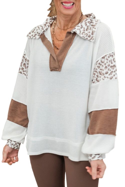 Women's White Leopard Patchwork Oversized Waffle Top