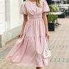 Women's Pink Puff Sleeve Pleated High Waist Flowy Long Dress - Perfect for Summer Occasions - Image 11