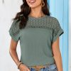 Women's Mist Green Lace Patchwork Waffle Short Sleeve Top - Elegant and Breathable - Image 9