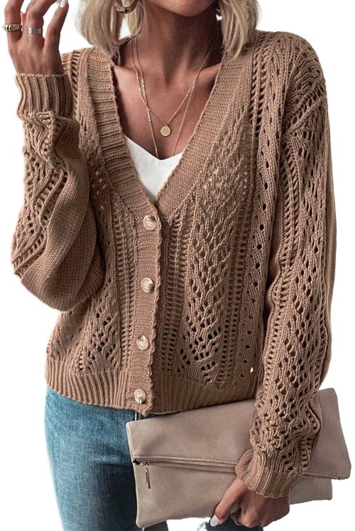 Women's Dark Khaki Open Knit Drop Shoulder Sweater Cardigan