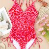 Women's Leopard Orange Adjustable Straps Ribbed Knit One Piece Swimsuit - Seductive V Neck Design - Image 2